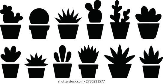 An array of minimalist black silhouette icons representing various potted cacti and succulent plants against a bright white background.