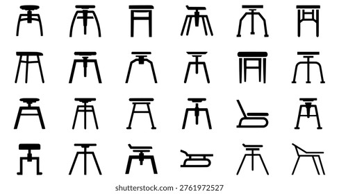 An array of minimalist black silhouette illustrations featuring diverse stool and chair designs, highlighting furniture concepts and seating options against a clean white backdrop.