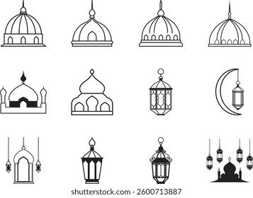An array of monochrome line icons illustrates key elements of Islamic culture and celebrations. The set features various mosque domes, traditional lanterns