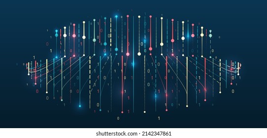 An array of multi-colored lines. Hi-tech concept of data structuring. Futuristic fragmentation of information. Big data visualization on dark background.