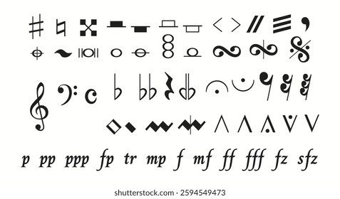 An array of musical notation symbols including dynamic markings and clefs. These symbols represent pitch, rhythm, tempo, dynamics used by musicians to perform written music.