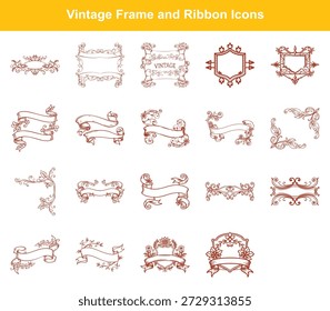Uma variedade de banners de fita ornamental e molduras florais, ideais para projetos de design com temas vintage, convida à criatividade. A coleção oferece diversos enfeites gráficos para várias aplicações.