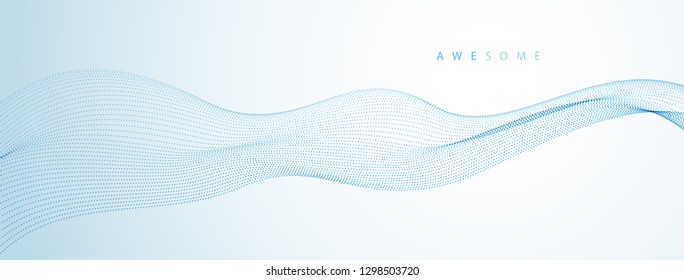 Array of particles flowing, dynamic sound wave. 3d vector illustration. Mesh round dots, beautiful relaxing wallpaper illustration.