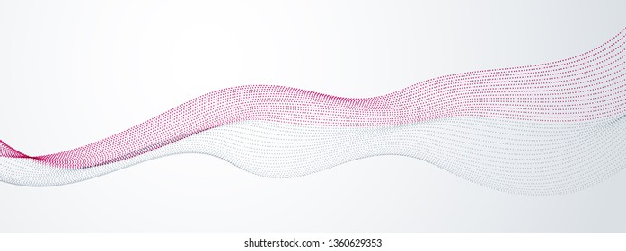 Array of particles flowing, dynamic sound wave. 3d vector illustration. Mesh round dots, beautiful relaxing wallpaper illustration.