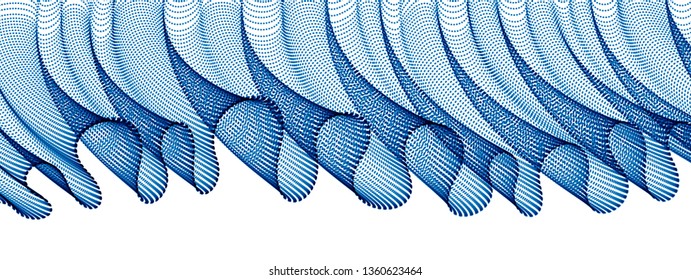 Array of particles flowing, dynamic wave transparent tulle textile on wind. 3d vector illustration. Mesh round dots, beautiful relaxing wallpaper illustration.