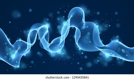 Array of particles flowing over dark background, dynamic sound wave. 3d vector illustration. Mesh shining round dots, beautiful relaxing wallpaper illustration.