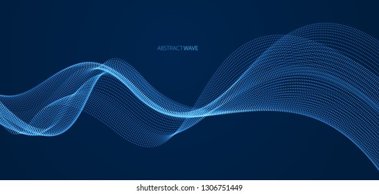 Array of particles flowing over dark background, dynamic sound wave. 3d vector illustration. Mesh shining round dots, beautiful relaxing wallpaper illustration.