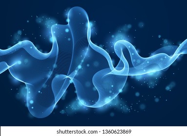 Array of particles flowing over dark background, dynamic sound wave. 3d vector illustration. Mesh shining round dots, beautiful relaxing wallpaper illustration.