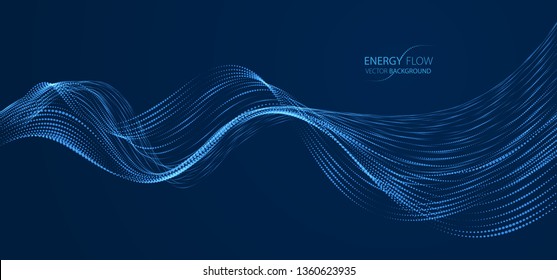 Array of particles flowing over dark background, dynamic sound wave. 3d vector illustration. Mesh shining round dots, beautiful relaxing wallpaper illustration.