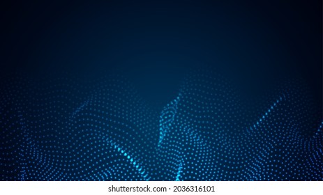 Array of particles flowing over dark background. Mesh shining round dots.Abstract wave background
