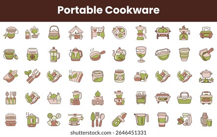 An array of portable cookware icons representing various cooking tools and accessories. Ideal for outdoor enthusiasts and cooking professionals.