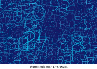 An array of random numbers 0 and 9. Background in a matrix style. Binary code pattern with digits on screen, falling character. Abstract digital backdrop. Vector illustration