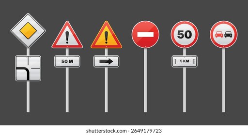 Una serie de señales de tráfico transmiten las regulaciones de tráfico y los peligros potenciales. Las señales alertan a los conductores sobre los límites de velocidad, las fusiones de carril y las advertencias generales de seguridad y conciencia.