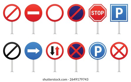 An array of road signs displayed on a white background, showcasing various symbols and colors designed to inform drivers and pedestrians about rules and regulations.
