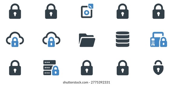 Array of security icons showing protected folders cloud storage and database management interface tools.