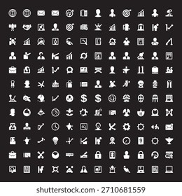 An array of simplified white business icons against a dark background depicts various concepts, including global communication, data analysis, and standard office elements.