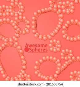 Array of spheres with soft shadows on the light red background. Abstract background with organic structures.