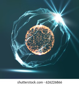 Array With Splash Particles. Dots Array And Lines. Digital Abstract Background With Glowing Halftone, 3D Vector Illustration.
