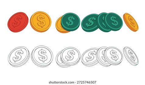 Array of stylized 3D dollar sign coins in red, gold, and green colors are shown both in color and line art for finance and currency concepts.