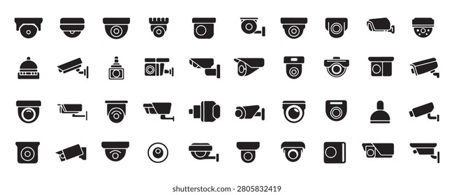 Array of surveillance cameras security equipment technology safety and monitoring devices in solid fill.