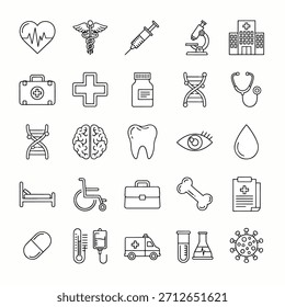 Eine Reihe dünner schwarzer medizinischer Symbole, die Symbole des Gesundheitswesens wie Herz, Spritze, DNA und Krankenwagen zeigen
