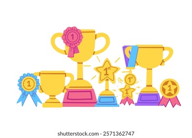 Array of trophies and medals with colorful ribbons and stars. Ideal for celebratory designs or achievement visuals. Vector illustration