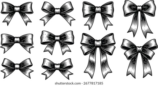 An array of twelve bows in various shapes and sizes.