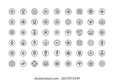 An array of various flower icons are contained within circular borders.