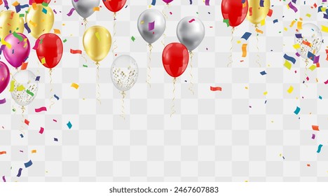 An array of vibrant balloons, confetti, and streamers float elegantly, suggesting a festive and celebratory mood