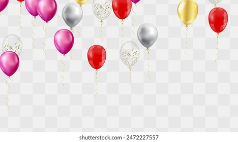 An array of vibrant balloons, confetti, and streamers float elegantly, suggesting a festive and celebratory mood