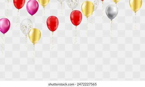 An array of vibrant balloons, confetti, and streamers float elegantly, suggesting a festive and celebratory mood