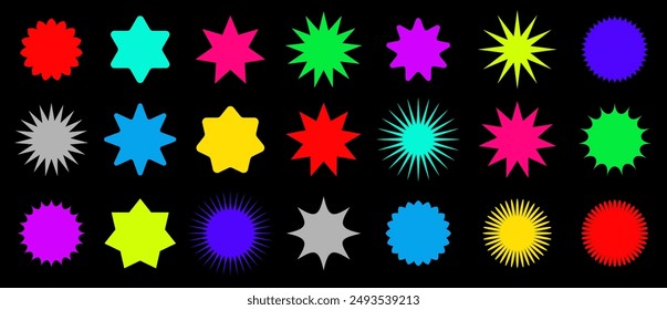 An array of vibrant, colored starburst shapes on a dark background, perfect for dynamic and lively design elements.