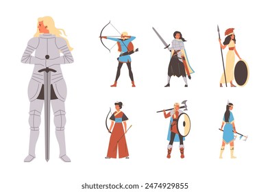 Una variedad de mujeres guerreras de diversas culturas y épocas, equipadas con sus armas y armaduras distintivas. Conjunto de Ilustración vectorial que representa fortaleza y diversidad.