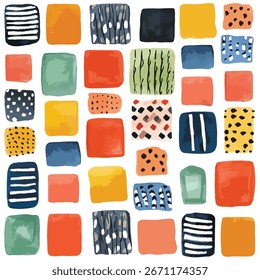 An array of watercolor squares, each with unique textures, patterns, and colors, creating a vibrant and playful mosaic design.