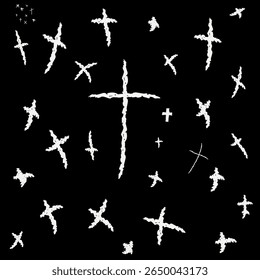 Array of White Hand-Drawn Crosses on a Dark Background