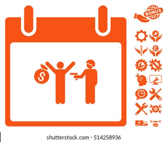 Arrest Calendar Day icon with bonus options pictograms. Vector illustration style is flat iconic symbols, orange, white background.