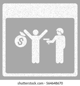 Arrest Calendar Page grainy textured icon for overlay watermark stamps. Flat symbol with unclean texture. Dotted vector white ink rubber seal stamp with grunge design on a silver background.