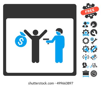 Arrest Calendar Page pictograph with bonus service icon set. Vector illustration style is flat iconic symbols, blue and gray, white background.