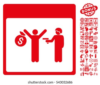 Arrest Calendar Page pictograph with bonus calendar and time management design elements. Vector illustration style is flat iconic symbols, red, white background.