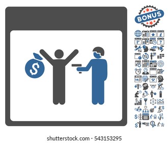 Arrest Calendar Page pictograph with bonus calendar and time management images. Vector illustration style is flat iconic symbols, cobalt and gray, white background.