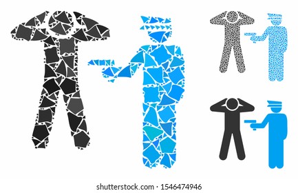 Arrest composition of humpy parts in variable sizes and color tones, based on arrest icon. Vector bumpy parts are grouped into collage. Arrest icons collage with dotted pattern.