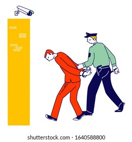 Arrest of Criminal in Police Station, Policeman Wearing Uniform Lead Suspect Bandit in Handcuffs to Cell, Man Officer Bringing New Prisoner to Jail. Cop Work in Prison. Cartoon Vector Illustration