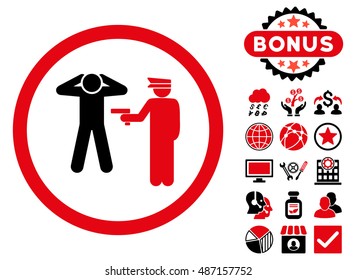 Arrest icon with bonus design elements. Vector illustration style is flat iconic bicolor symbols, intensive red and black colors, white background.