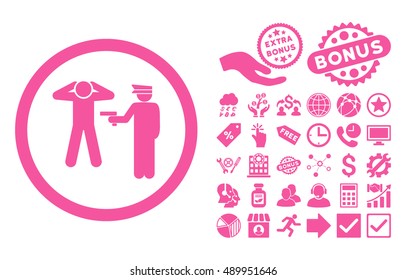 Arrest icon with bonus images. Vector illustration style is flat iconic symbols, pink color, white background.