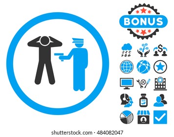 Arrest icon with bonus pictures. Vector illustration style is flat iconic bicolor symbols, blue and gray colors, white background.