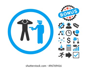 Arrest icon with bonus icon set. Vector illustration style is flat iconic bicolor symbols, blue and gray colors, white background.