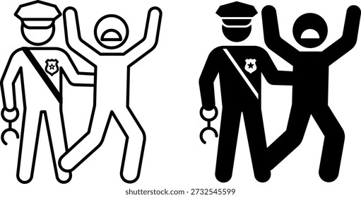 Iconos de arresto. Glifo y Ilustraciones vectoriales de línea. Policía con Esposas Arrestando a Un Criminal. Concepto de policía