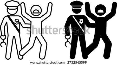 Arrest Icons. Glyph and Line Vector Illustrations. Policeman with Handcuffs Arresting a Criminal. Police Concept