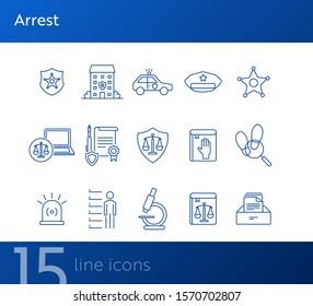 Arrest line icon set. Police department, car, sheriff badge. Police concept. Can be used for topics like justice, crime, investigation