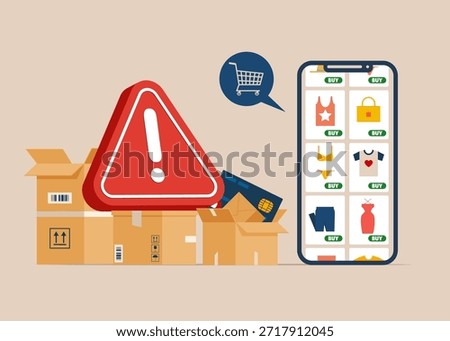 Arrest online store. Store with exclamation attention sign. Unreliable store, scammers. Shopping online using mobile phone. Customer selects the goods to online shopping. Flat vector illustration. 